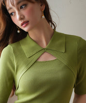 フロントカットアウト襟付き半袖ニットsdpxyf2862 グリーン