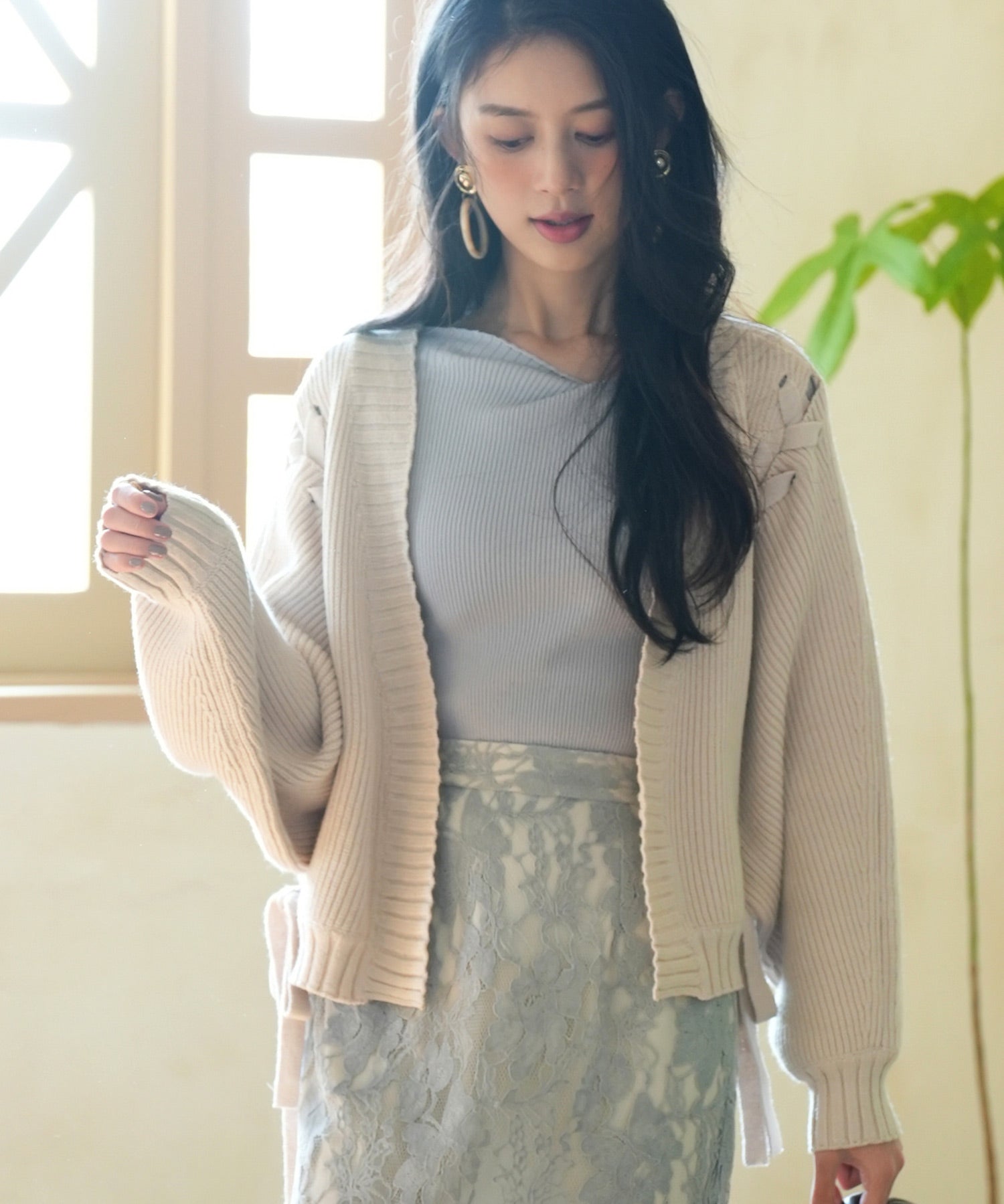 【編み込みリボン】ドルマンスリーブニットカーディガンsdpxyf2863 ベージュ