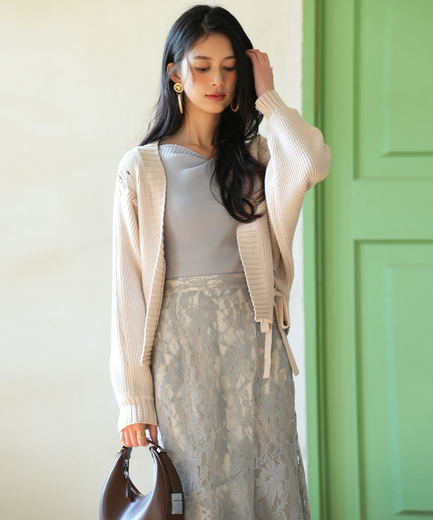 【編み込みリボン】ドルマンスリーブニットカーディガンsdpxyf2863 ベージュ