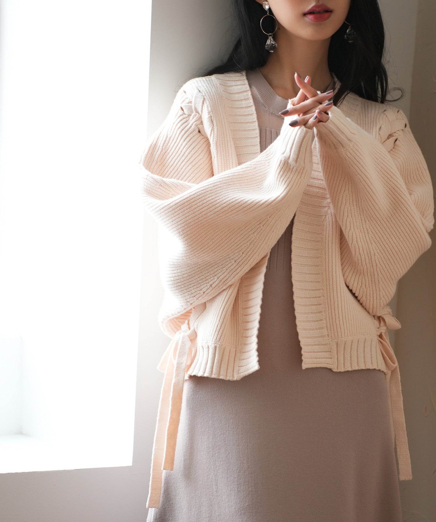 【編み込みリボン】ドルマンスリーブニットカーディガンsdpxyf2863 ピンクベージュ