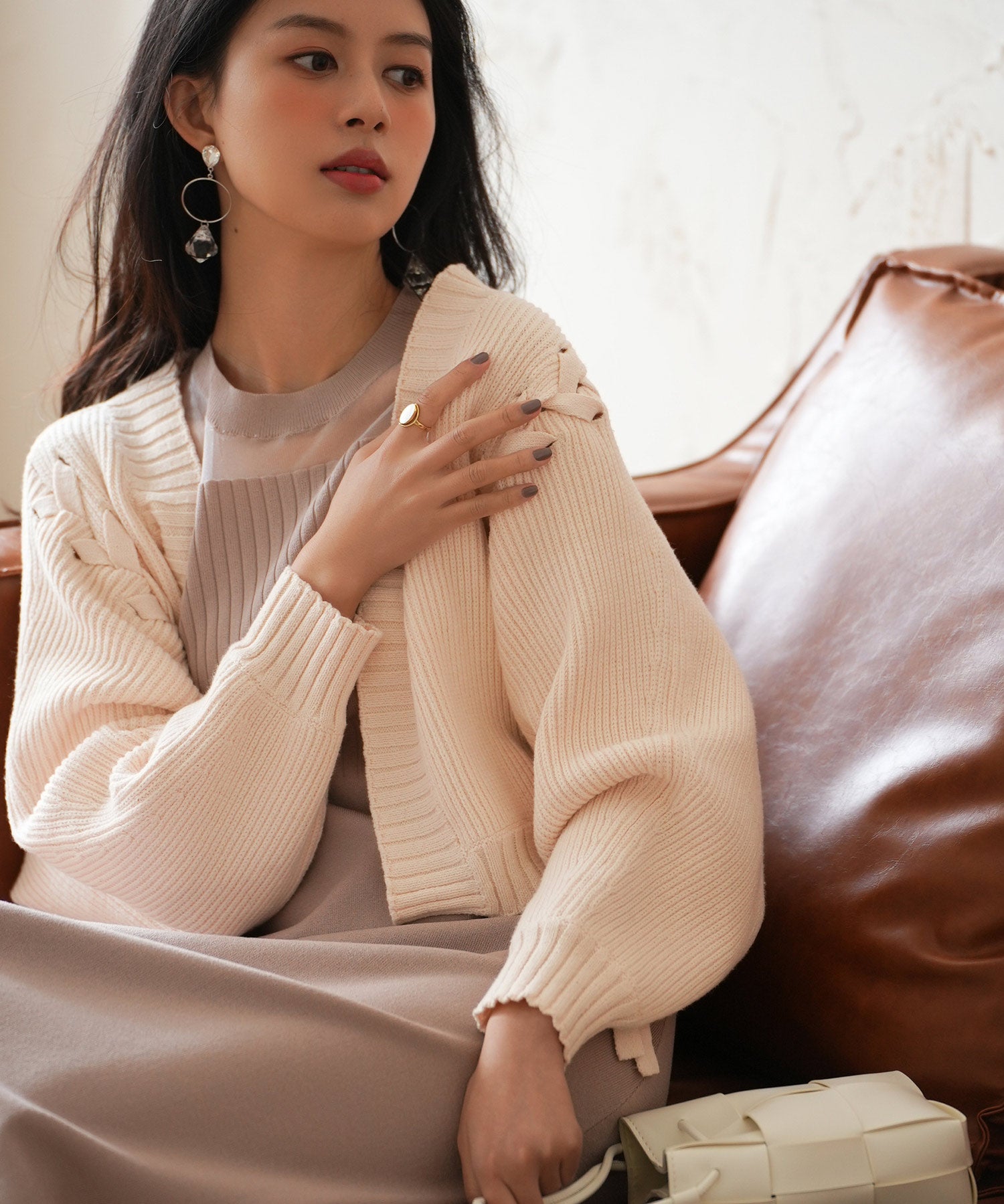 【編み込みリボン】ドルマンスリーブニットカーディガンsdpxyf2863 ピンクベージュ