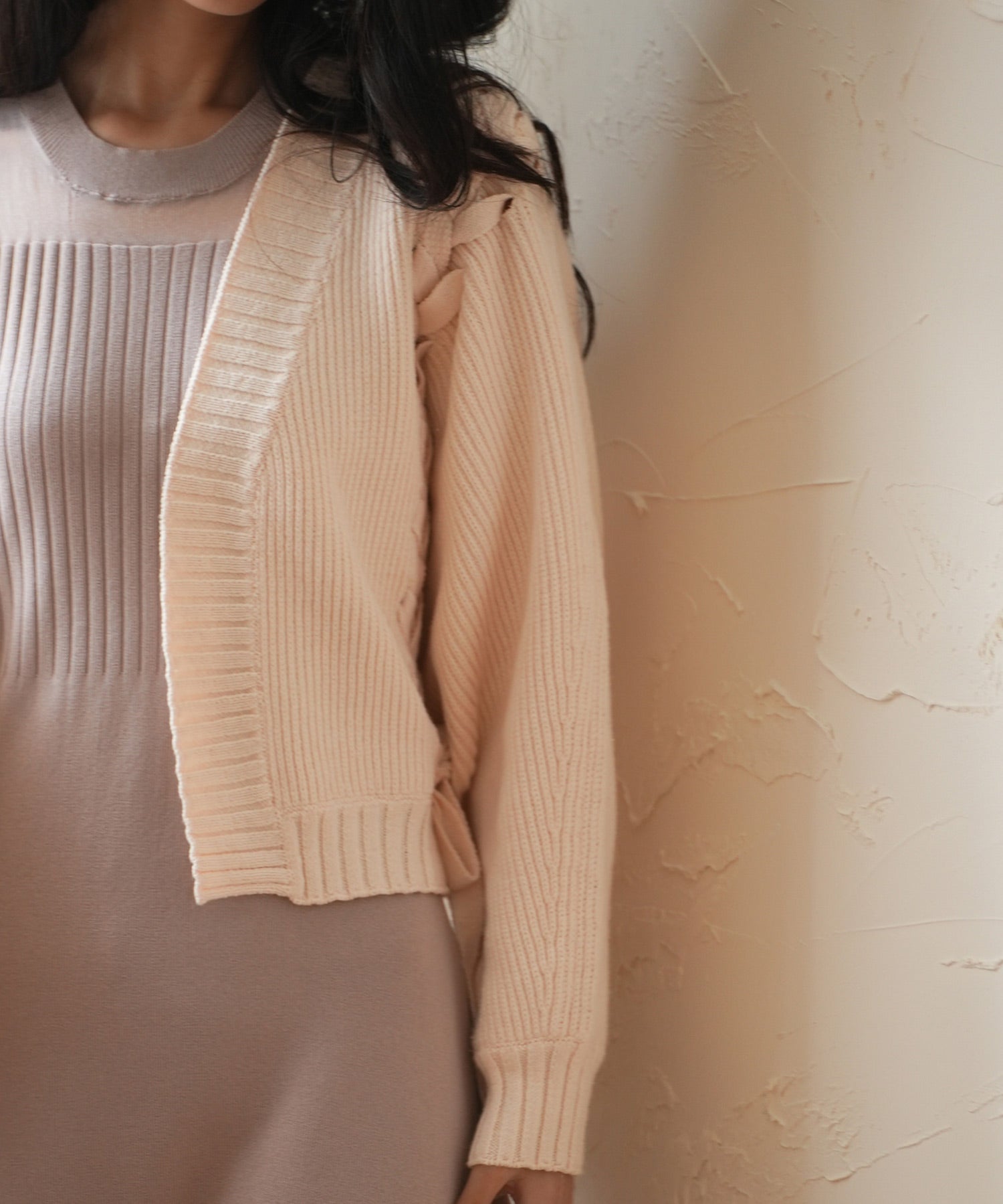 【編み込みリボン】ドルマンスリーブニットカーディガンsdpxyf2863 ピンクベージュ