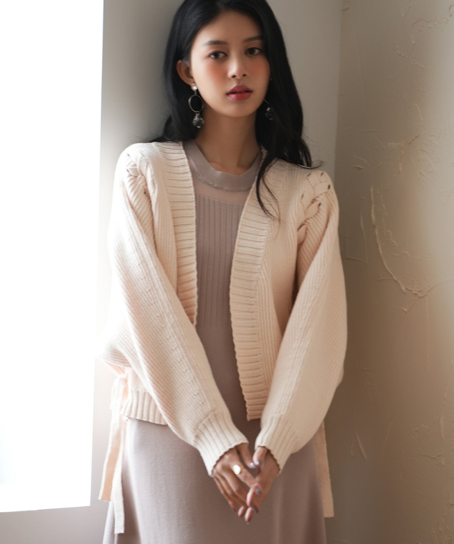 【編み込みリボン】ドルマンスリーブニットカーディガンsdpxyf2863 ピンクベージュ