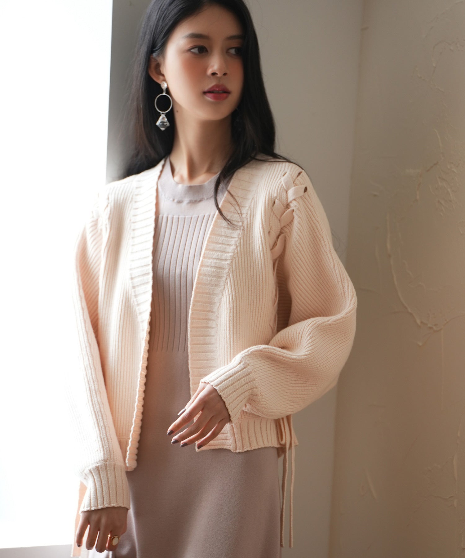 【編み込みリボン】ドルマンスリーブニットカーディガンsdpxyf2863 ピンクベージュ