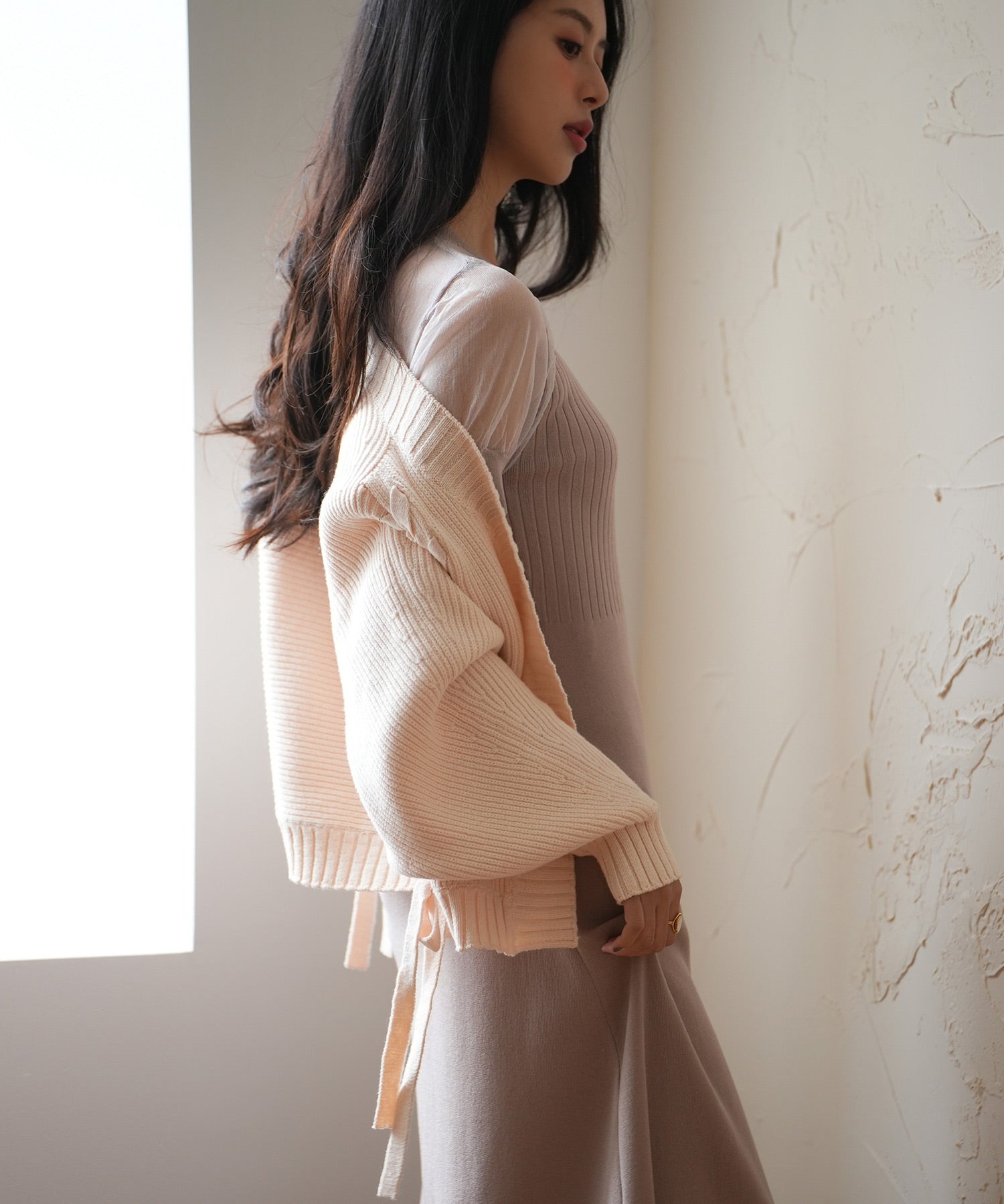 【編み込みリボン】ドルマンスリーブニットカーディガンsdpxyf2863 ピンクベージュ