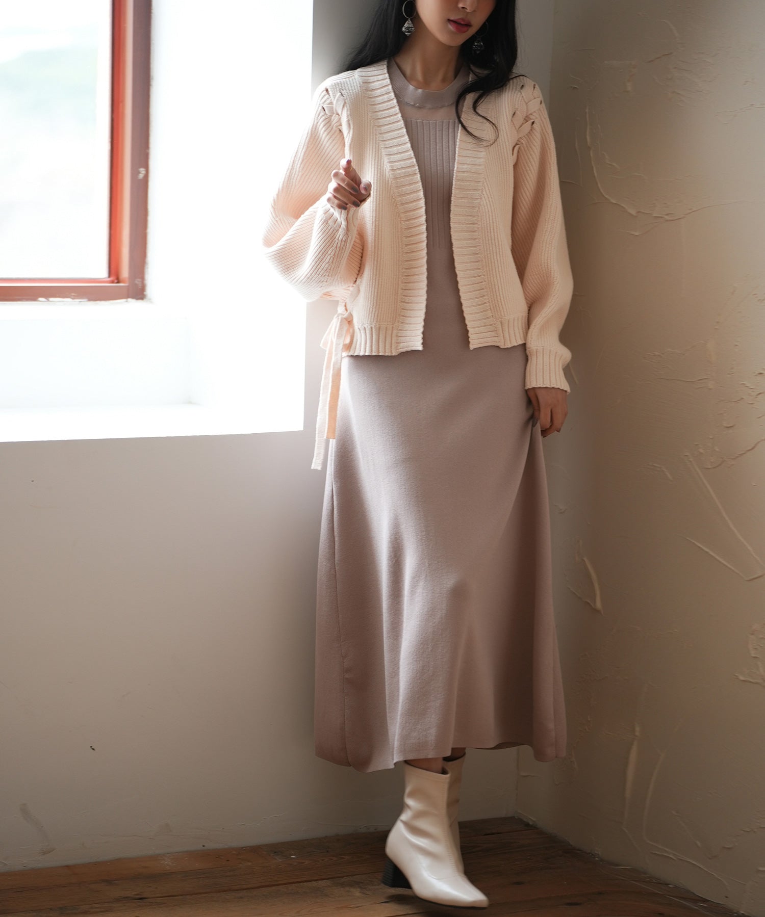 【編み込みリボン】ドルマンスリーブニットカーディガンsdpxyf2863 ピンクベージュ