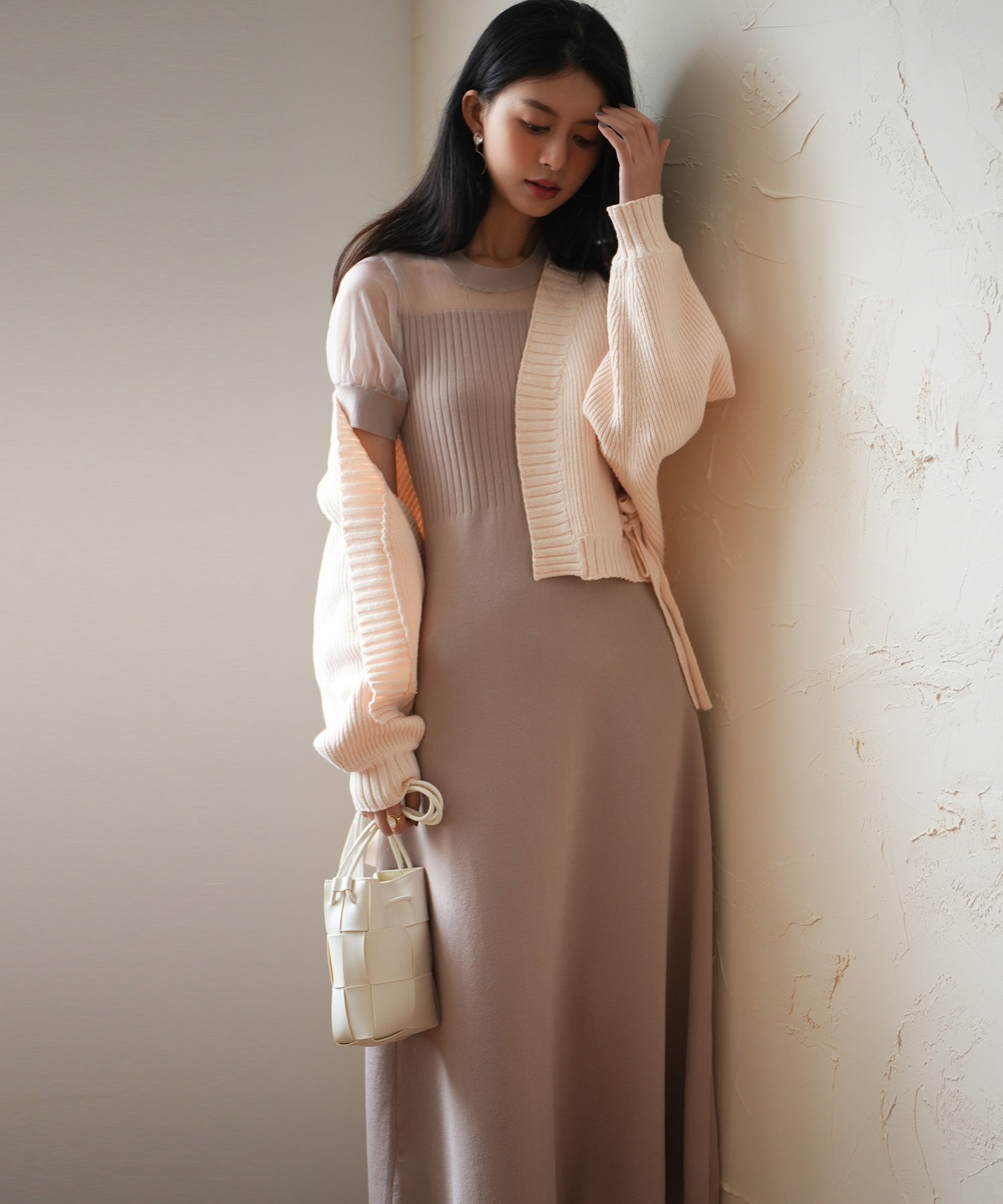 【編み込みリボン】ドルマンスリーブニットカーディガンsdpxyf2863 ピンクベージュ