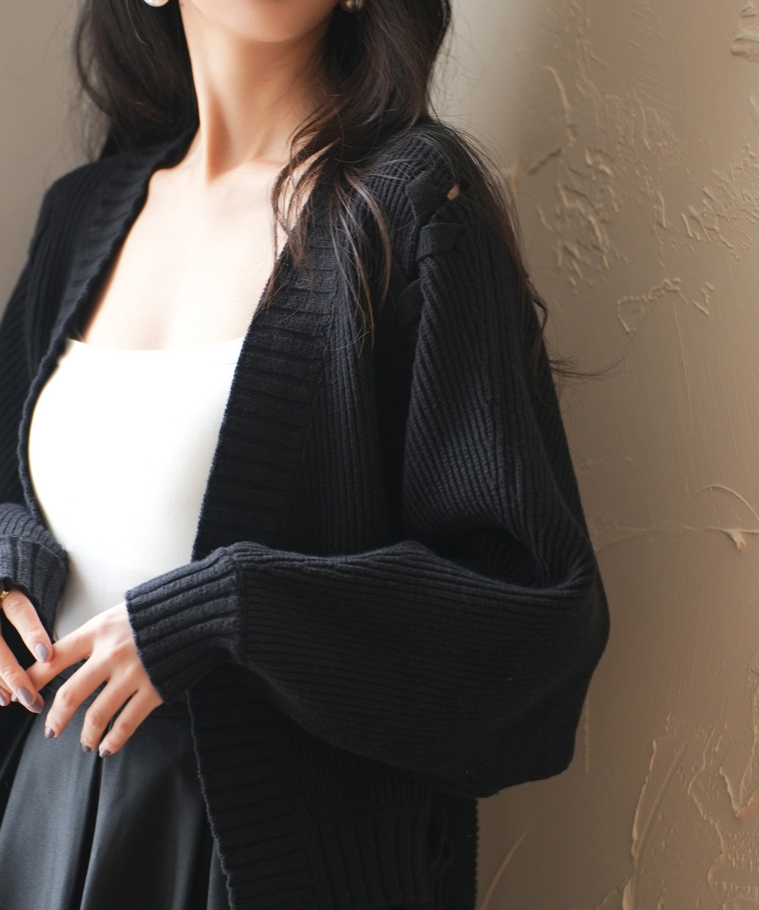 【編み込みリボン】ドルマンスリーブニットカーディガンsdpxyf2863 ブラック