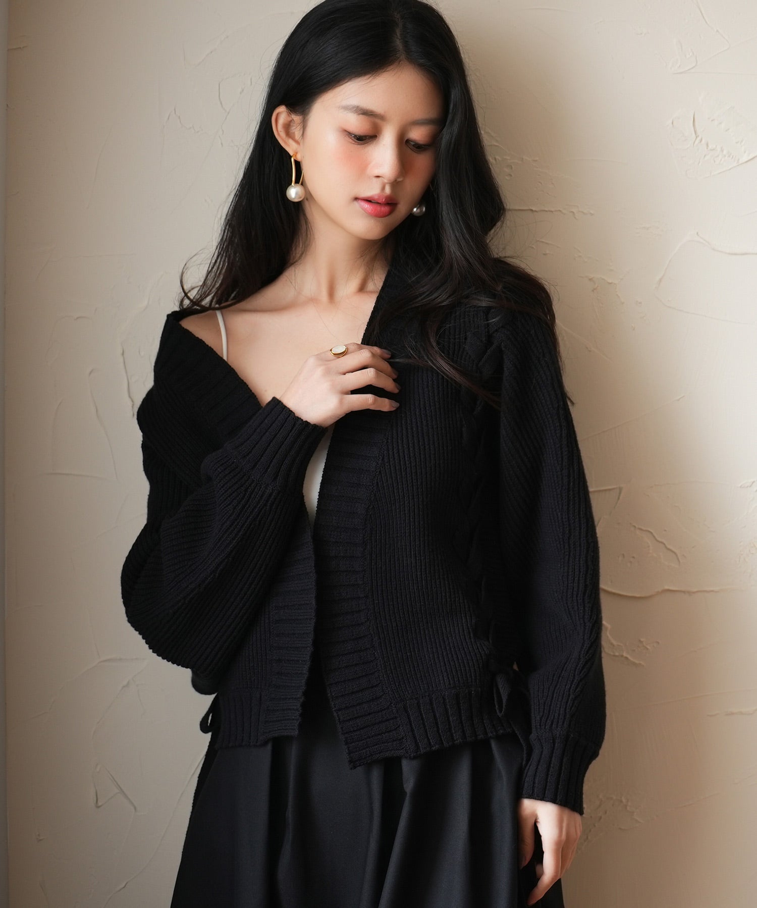 【編み込みリボン】ドルマンスリーブニットカーディガンsdpxyf2863 ブラック