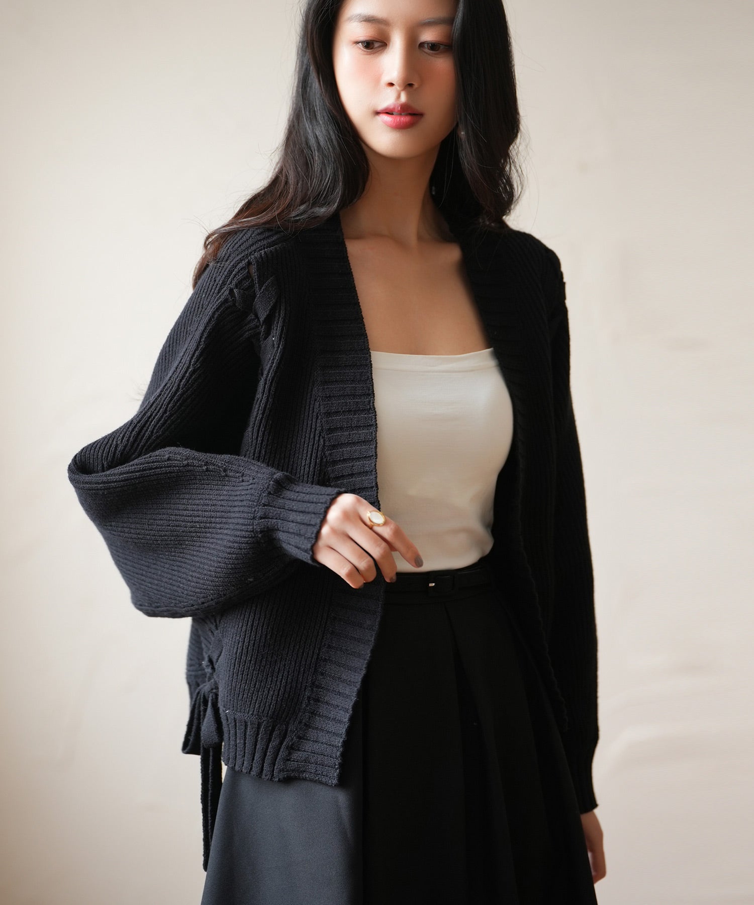 【編み込みリボン】ドルマンスリーブニットカーディガンsdpxyf2863 ブラック