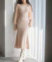 シアースリーブとニットドッキングしたミモレワンピースsdpxyf3236-103-174