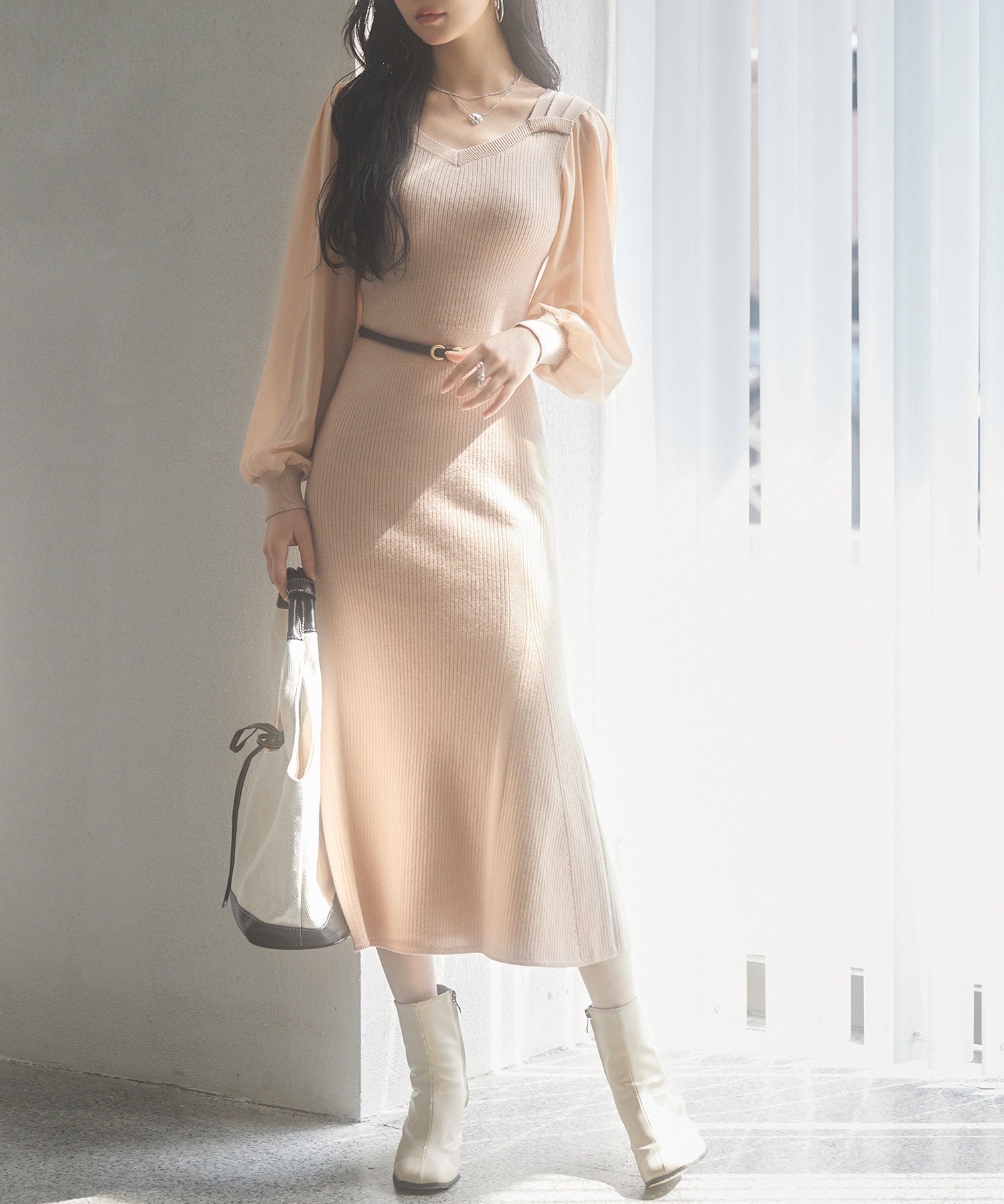 シアースリーブとニットドッキングしたミモレワンピースsdpxyf3236 ピンクベージュ