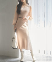 シアースリーブとニットドッキングしたミモレワンピースsdpxyf3236 ピンクベージュ