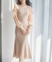 シアースリーブとニットドッキングしたミモレワンピースsdpxyf3236 ピンクベージュ