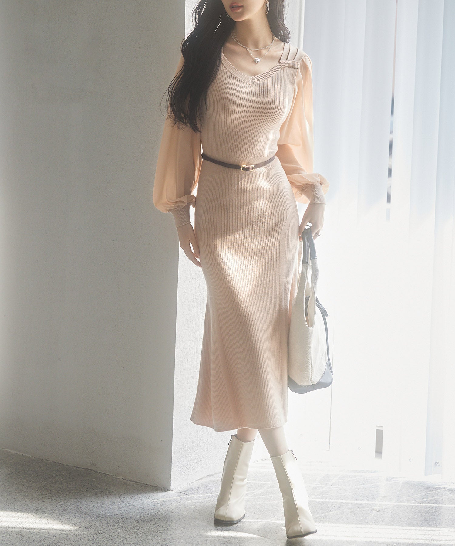 シアースリーブとニットドッキングしたミモレワンピースsdpxyf3236 ピンクベージュ