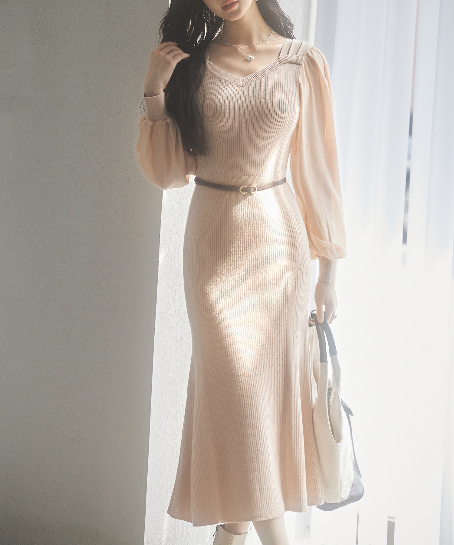 シアースリーブとニットドッキングしたミモレワンピースsdpxyf3236 ピンクベージュ