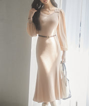 シアースリーブとニットドッキングしたミモレワンピースsdpxyf3236 ピンクベージュ