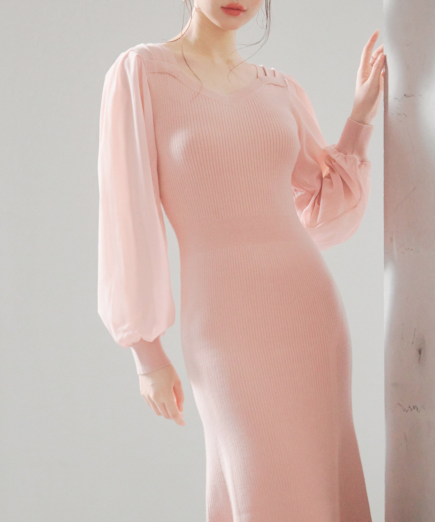 シアースリーブとニットドッキングしたミモレワンピースsdpxyf3236 ピンク
