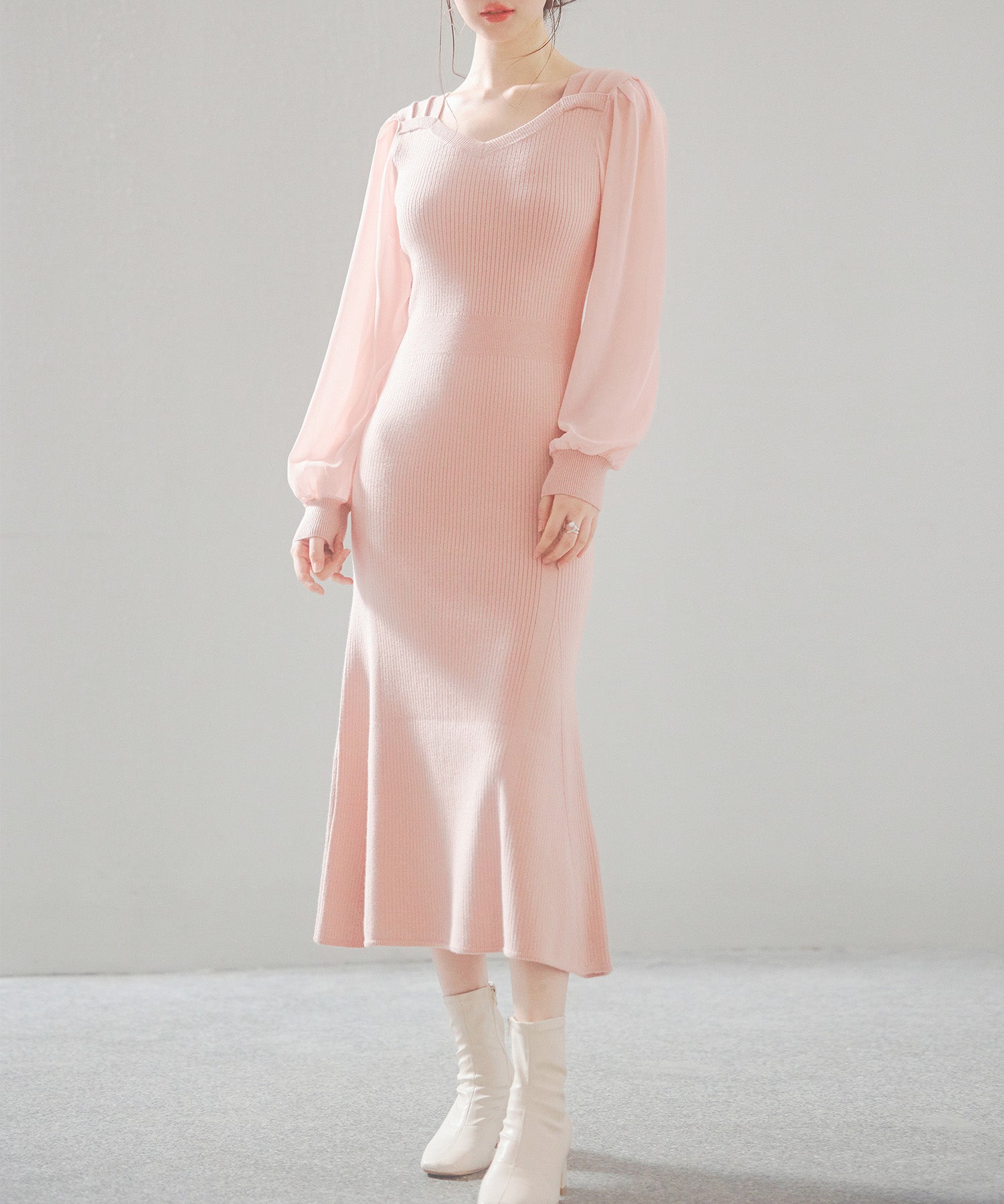 シアースリーブとニットドッキングしたミモレワンピースsdpxyf3236 ピンク