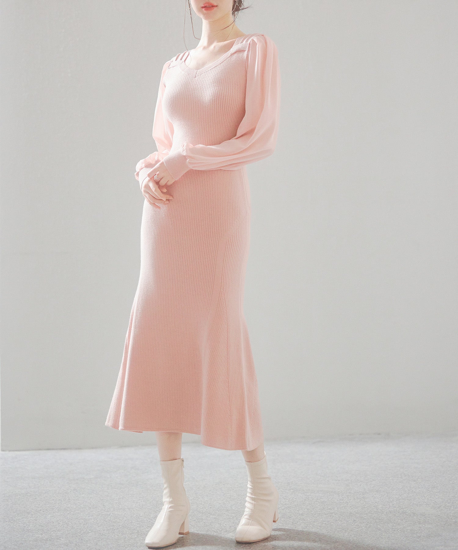 シアースリーブとニットドッキングしたミモレワンピースsdpxyf3236 ピンク