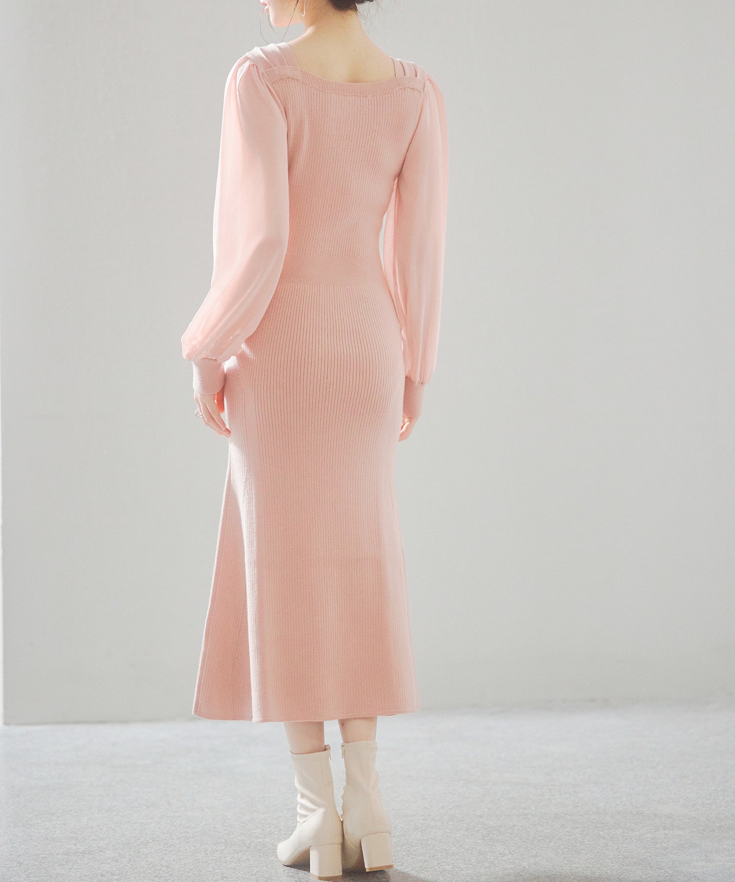 シアースリーブとニットドッキングしたミモレワンピースsdpxyf3236 ピンク