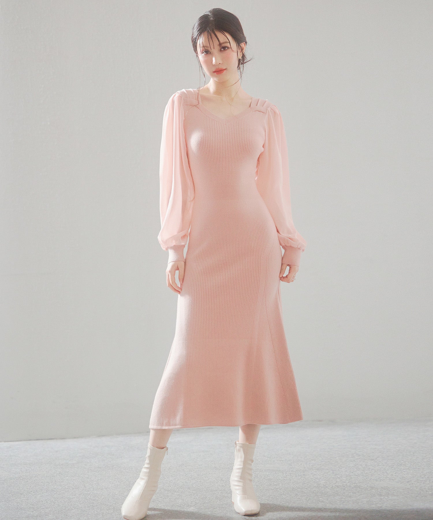 シアースリーブとニットドッキングしたミモレワンピースsdpxyf3236 ピンク