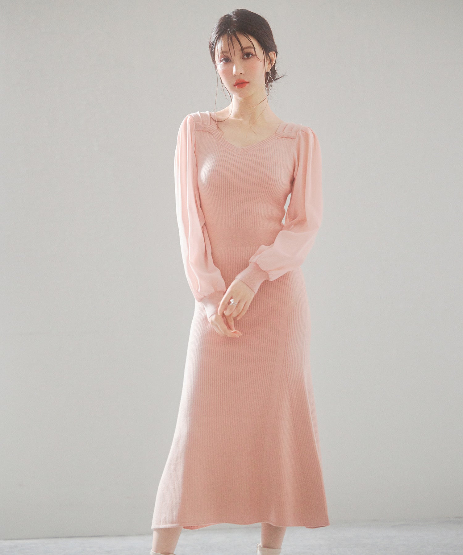 シアースリーブとニットドッキングしたミモレワンピースsdpxyf3236 ピンク