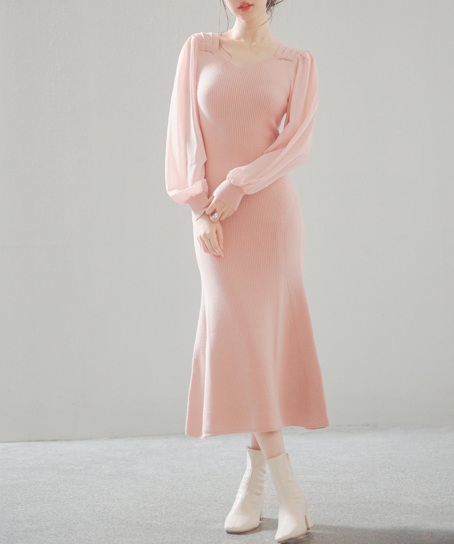 シアースリーブとニットドッキングしたミモレワンピースsdpxyf3236 ピンク