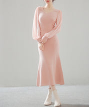 シアースリーブとニットドッキングしたミモレワンピースsdpxyf3236 ピンク