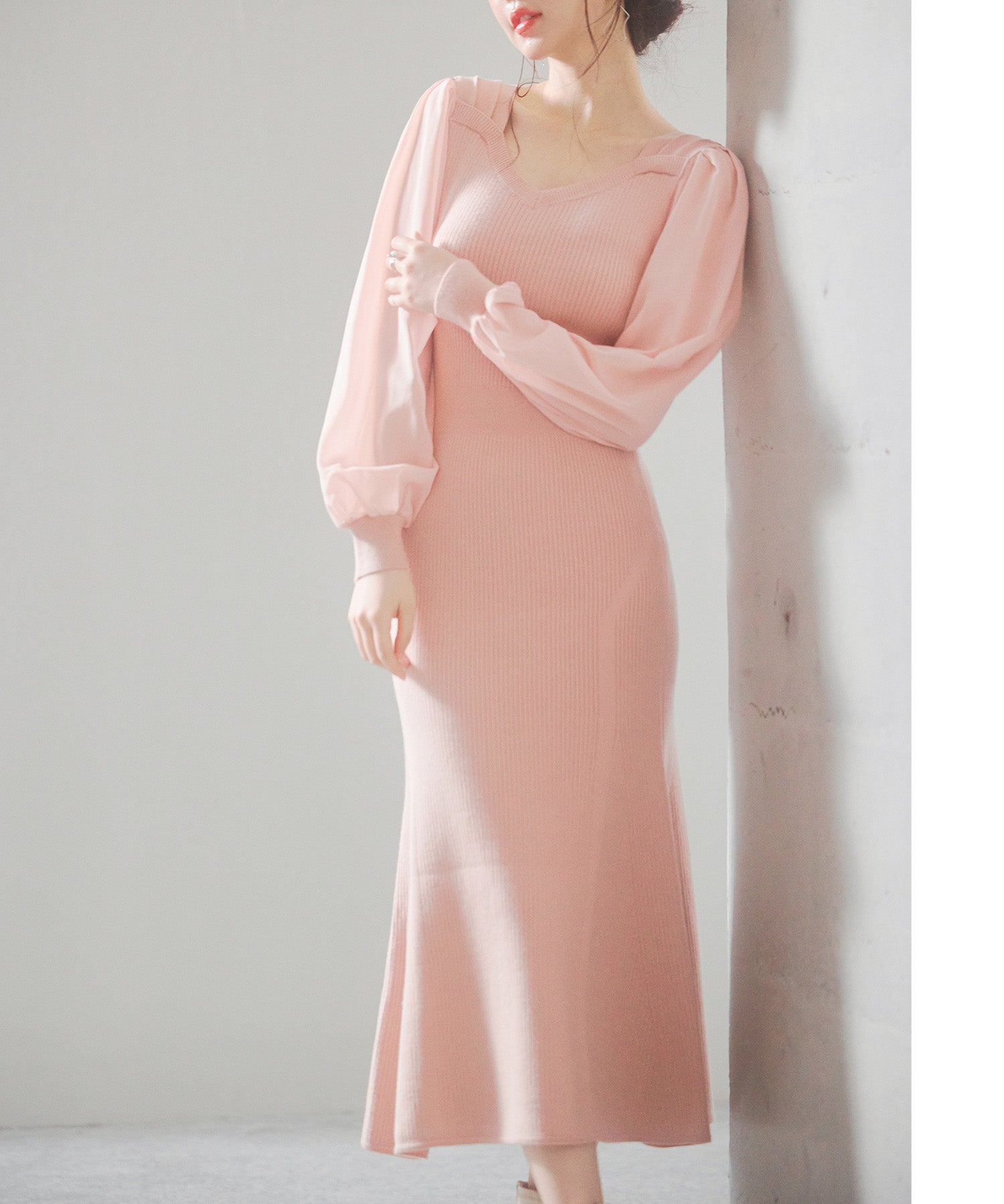 シアースリーブとニットドッキングしたミモレワンピースsdpxyf3236 ピンク