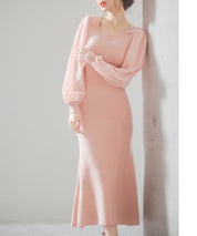 シアースリーブとニットドッキングしたミモレワンピースsdpxyf3236 ピンク