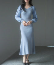 シアースリーブとニットドッキングしたミモレワンピースsdpxyf3236 ブルーグレー