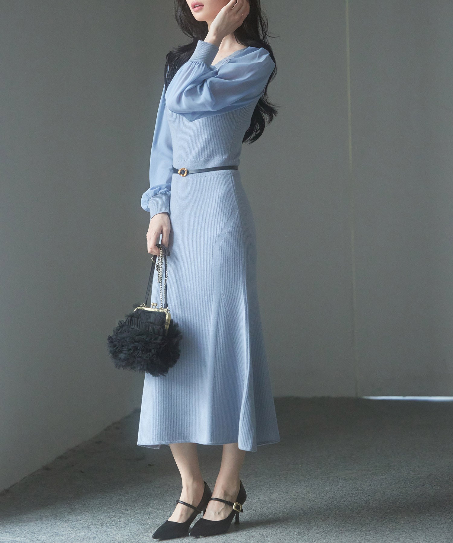 シアースリーブとニットドッキングしたミモレワンピースsdpxyf3236 ブルーグレー