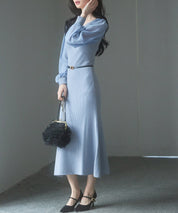シアースリーブとニットドッキングしたミモレワンピースsdpxyf3236 ブルーグレー