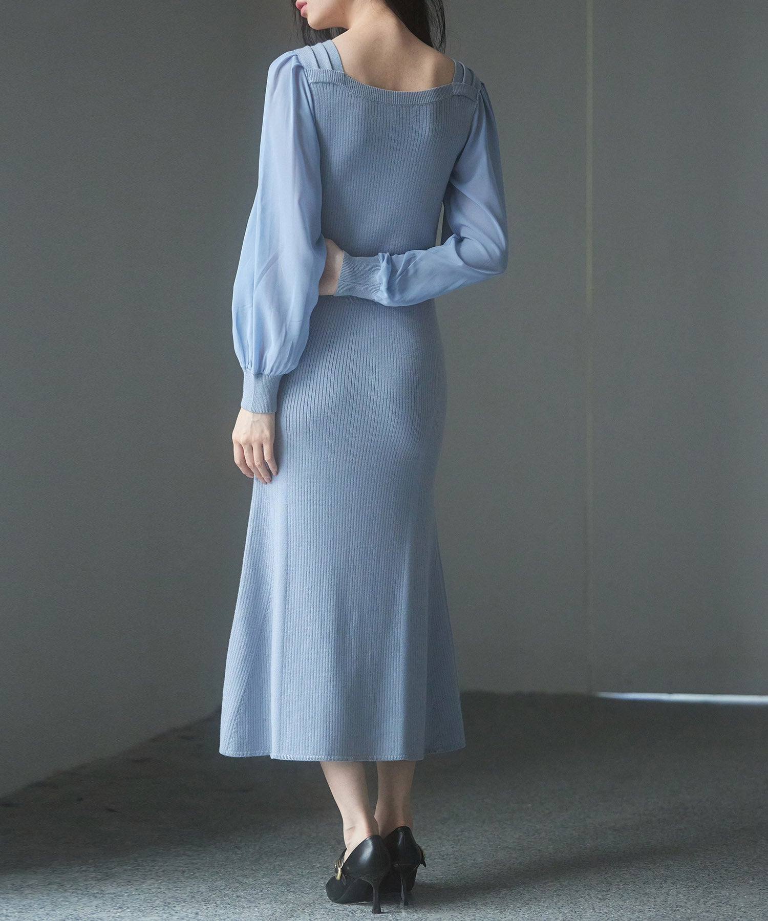 シアースリーブとニットドッキングしたミモレワンピースsdpxyf3236 ブルーグレー