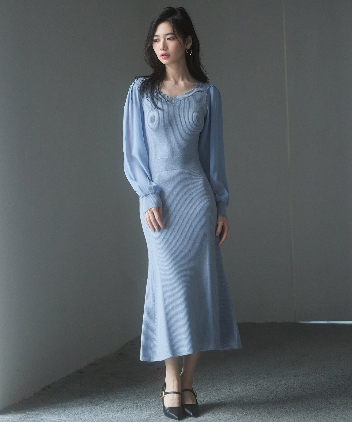 シアースリーブとニットドッキングしたミモレワンピースsdpxyf3236 ブルーグレー