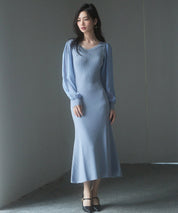シアースリーブとニットドッキングしたミモレワンピースsdpxyf3236 ブルーグレー