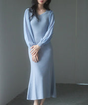 シアースリーブとニットドッキングしたミモレワンピースsdpxyf3236 ブルーグレー