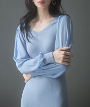 シアースリーブとニットドッキングしたミモレワンピースsdpxyf3236 ブルーグレー