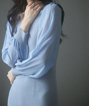 シアースリーブとニットドッキングしたミモレワンピースsdpxyf3236 ブルーグレー