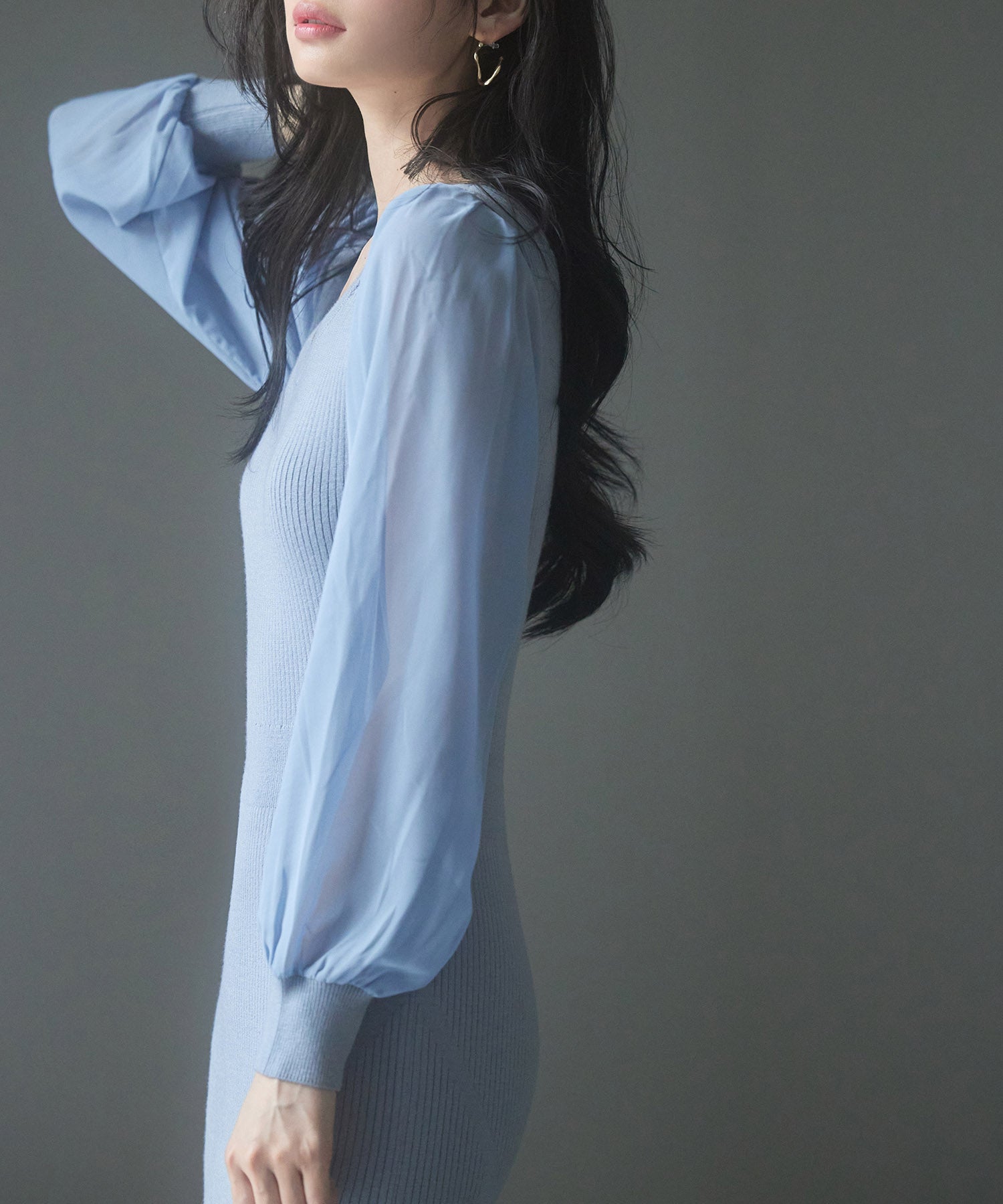 シアースリーブとニットドッキングしたミモレワンピースsdpxyf3236 ブルーグレー