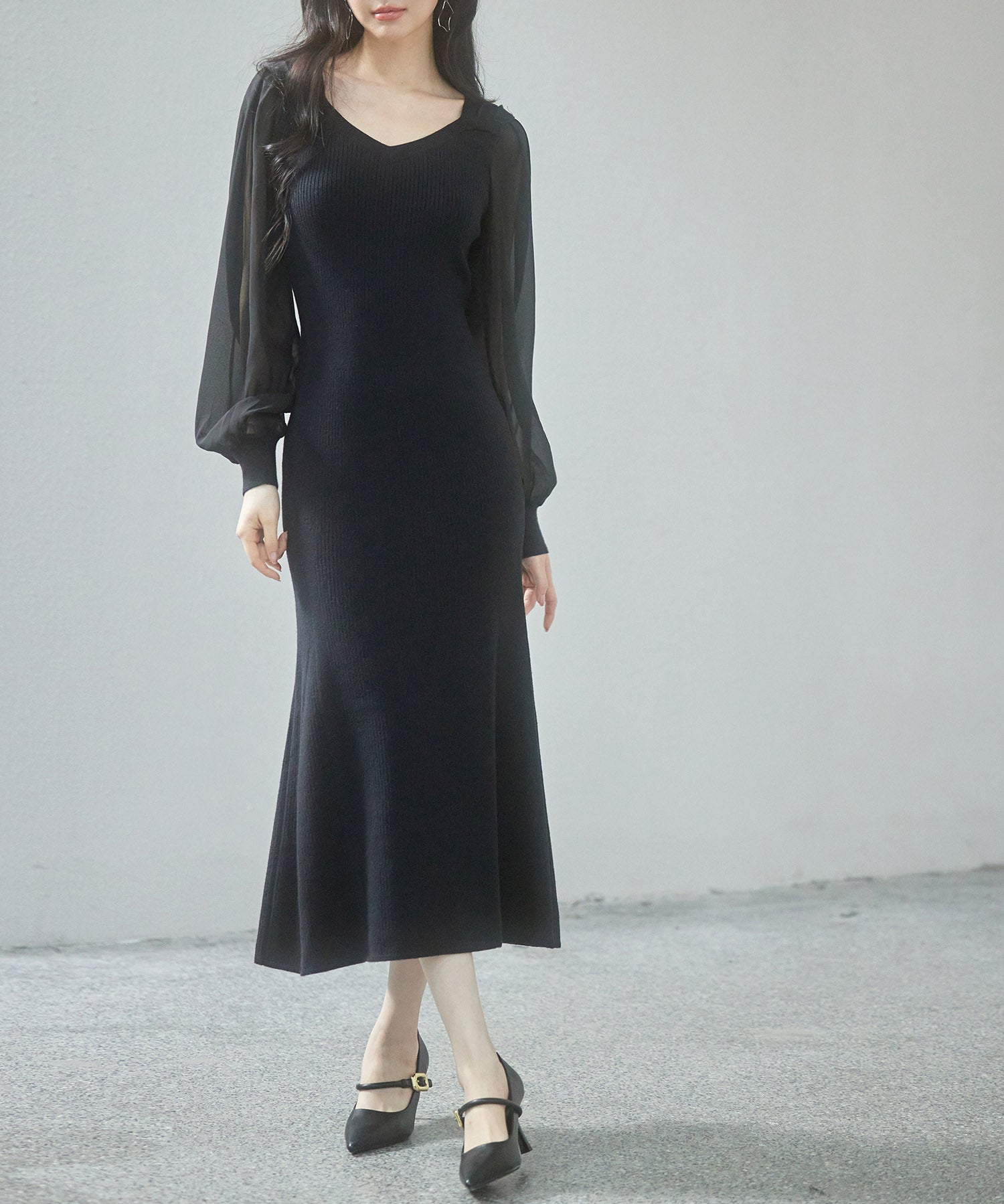 シアースリーブとニットドッキングしたミモレワンピースsdpxyf3236-103-8