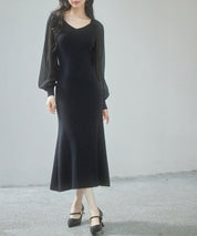 シアースリーブとニットドッキングしたミモレワンピースsdpxyf3236-103-8