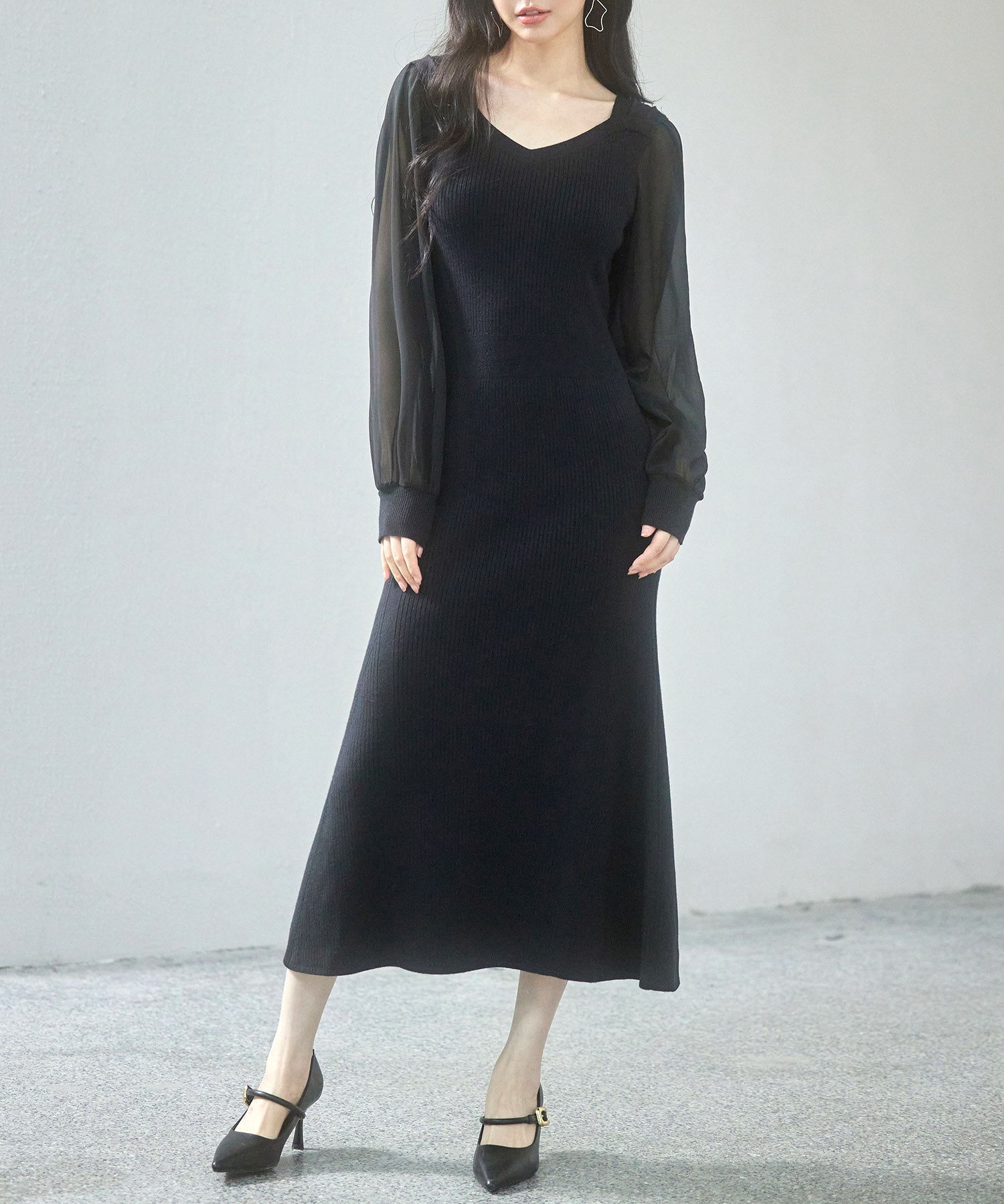 シアースリーブとニットドッキングしたミモレワンピースsdpxyf3236 ブラック