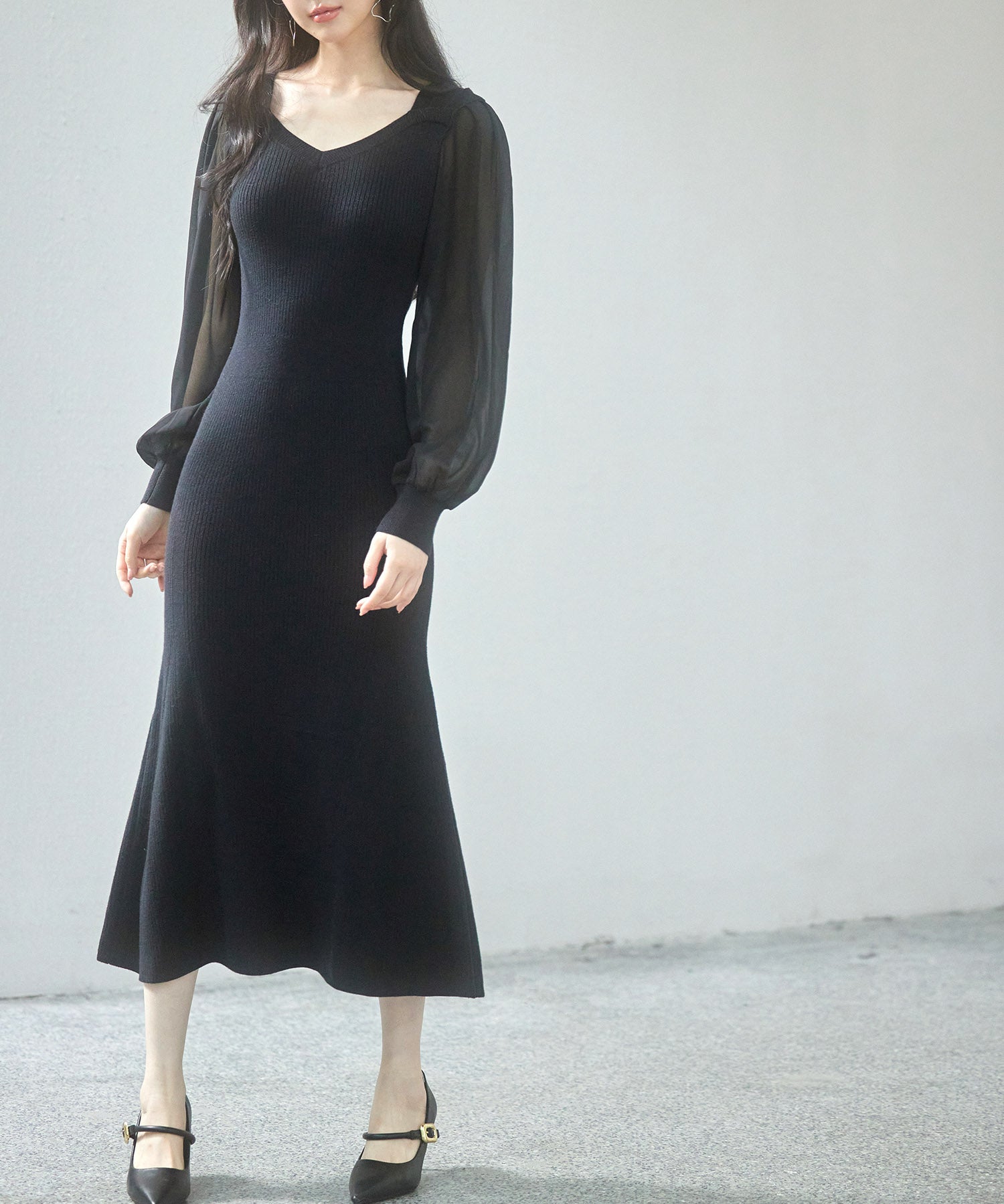 シアースリーブとニットドッキングしたミモレワンピースsdpxyf3236 ブラック