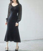 シアースリーブとニットドッキングしたミモレワンピースsdpxyf3236 ブラック