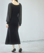 シアースリーブとニットドッキングしたミモレワンピースsdpxyf3236 ブラック