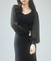 シアースリーブとニットドッキングしたミモレワンピースsdpxyf3236 ブラック