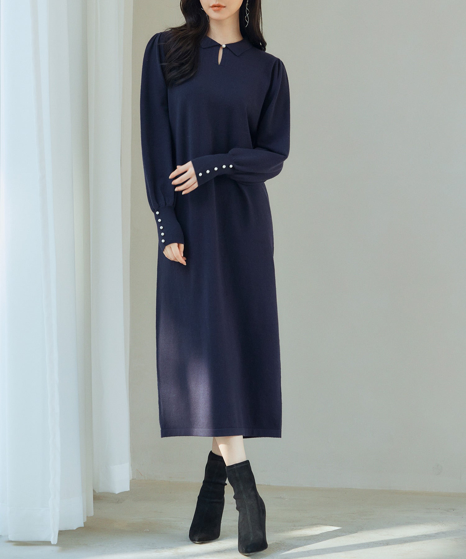 シャツ襟マトンスリーブミモレ丈ワンピースsdpxyf3269-103-16