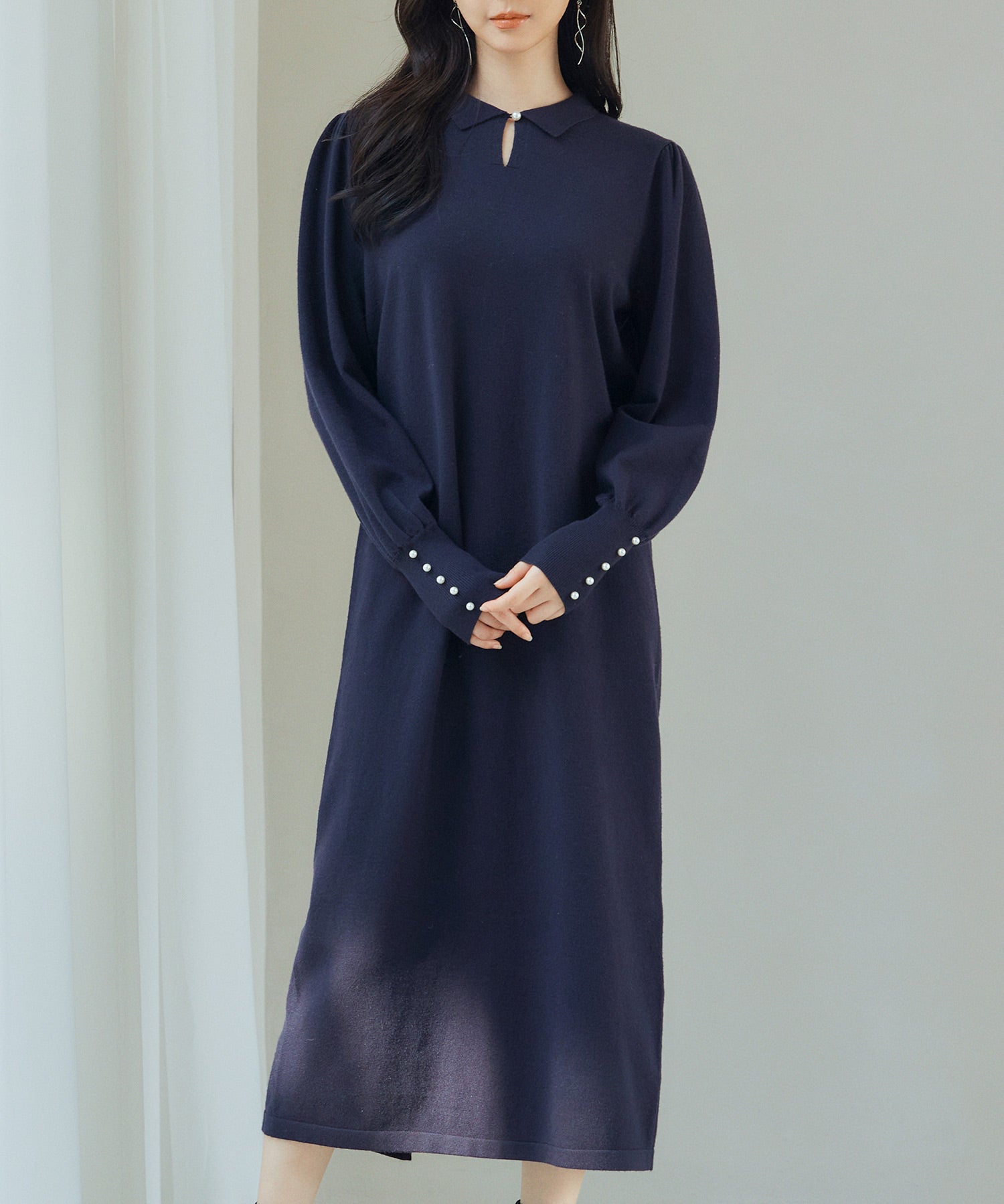 シャツ襟マトンスリーブミモレ丈ワンピースsdpxyf3269 ネイビー